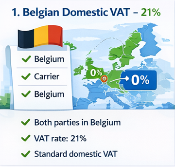 Mappa del Belgio con rotte di trasporto che mostrano l’applicazione dell’IVA nazionale al 21% sulle fatture ExusTrans
